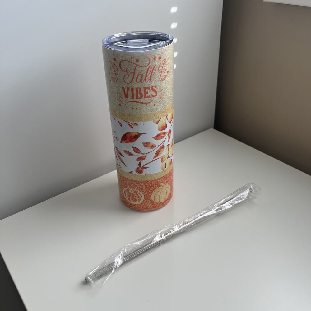 Custom Printed 20oz Tumbler Fall Vibes Lid Straw And Straw Cleaner